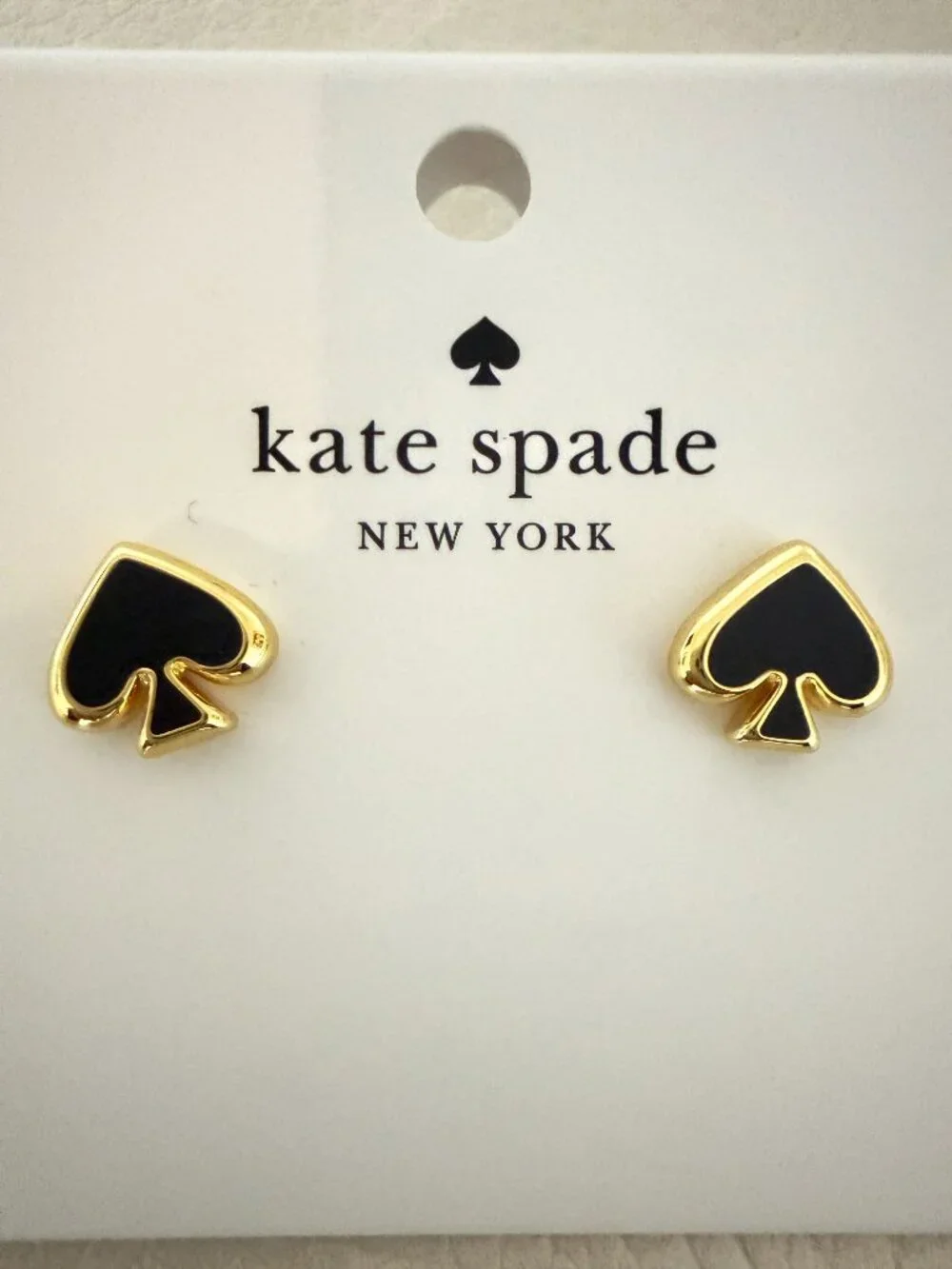 NEW KATE SPADE NEW YORK SPADE LOGO STUD EARRINGS GOLD TONE & BLACK ENAMEL